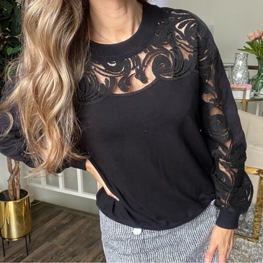 Liberty Garden Black Lace Sheer Long Sleeve Sweatshirt Top Sweater Party Size L